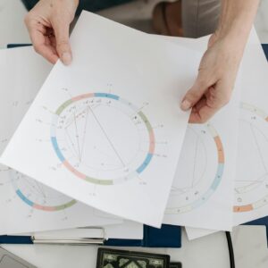 Hands holding astrological charts and graphs, symbolizing horoscopes and fortune-telling.